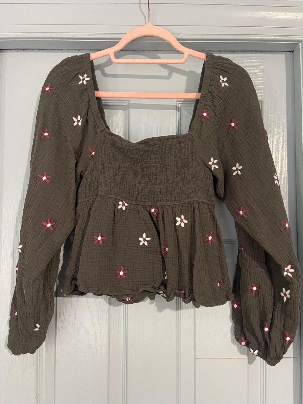Square-Neck Olive Smocked Peplum Top with Floral Embroidery
